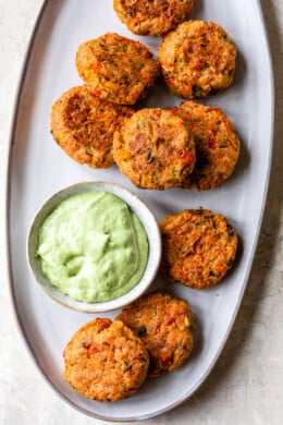 Baked Salmon Cakes with avocado dipping sauce.