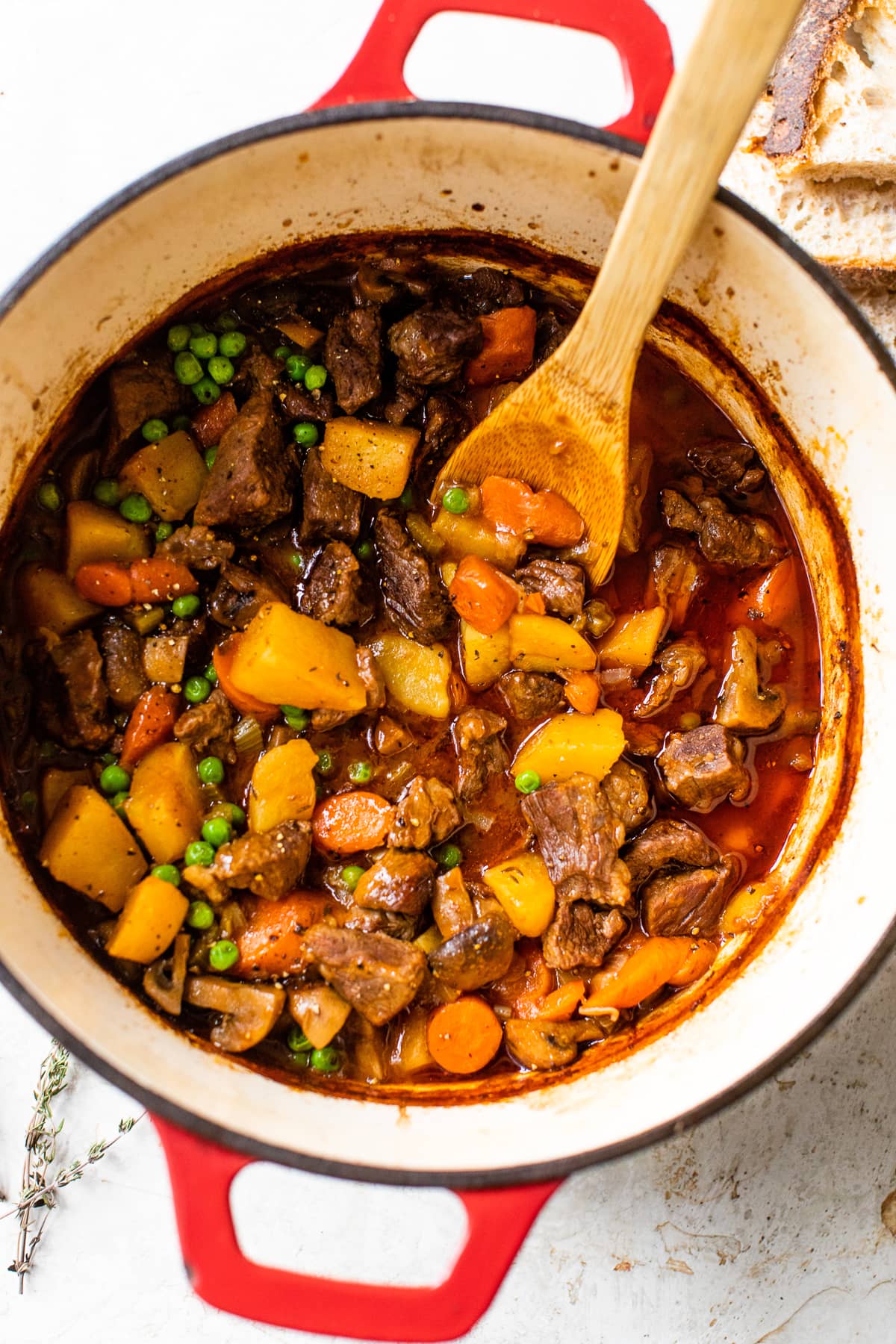 Classic beef stew in a pot.