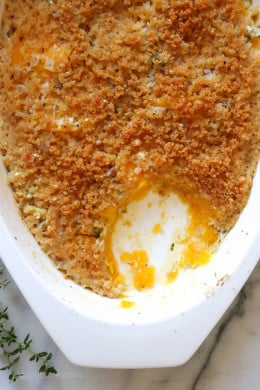 This lightened Butternut Squash Gratin is healthier and flavorful, you won't miss all the cream! A perfect side dish for Turkey or Roasted Chicken.