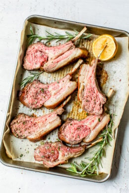 Frenched Rack of Lamb on a sheet pan