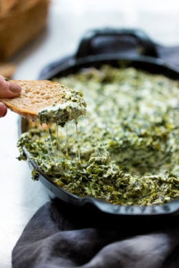 Hot and cheesy spinach dip, grab a chip, toast or crudites and dig in! Perfect for any gathering, you can double or triple the recipe as needed.