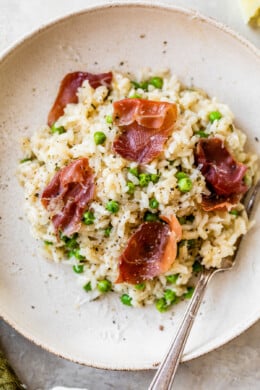 Overhead view of a bowl of Instant Pot Risotto with prosciutto