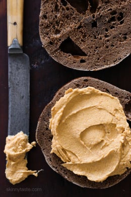 Pumpkin Spice Cream Cheese –  an EASY way to enjoy the flavors of Fall for breakfast on bagels, toast, muffins or my favorite, Pumpkin Banana Bread. 