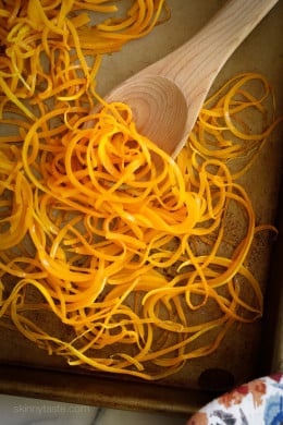 Roasted Spiralized Butternut Squash Noodles are a healthy pasta alternative or side dish that only takes about 10 minutes to roast in the oven.