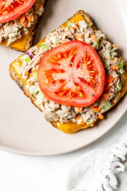 Open Faced Tuna Melt is the ultimate sandwich for all you tuna lovers! Serving them open faced is an easy way to make them healthier and cut the calories.